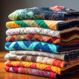 A stack of colorful quilts sit folded on a wooden table