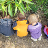 4 pre-school children investigating something on the ground.